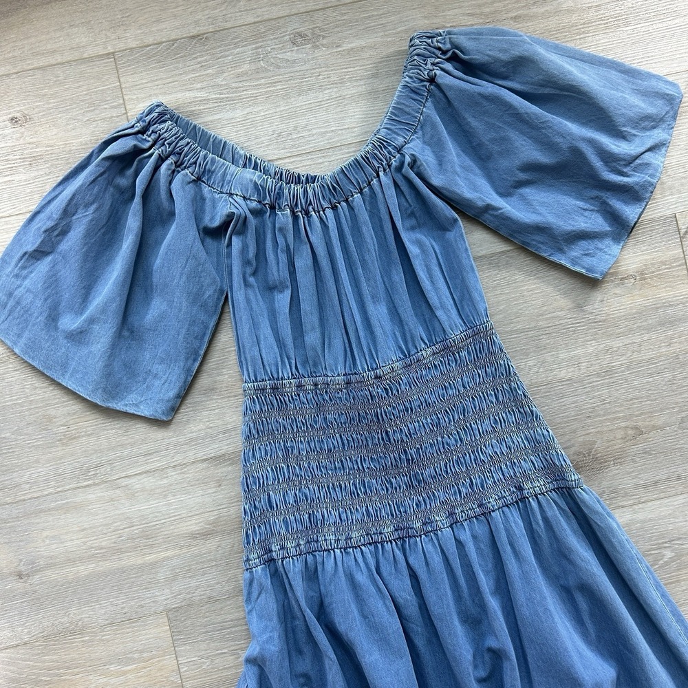 NWT Misa Los Angeles Medium Blue Denim Smocked Drop Waist Puff Sleeve Midi Dress - Picture 3 of 12